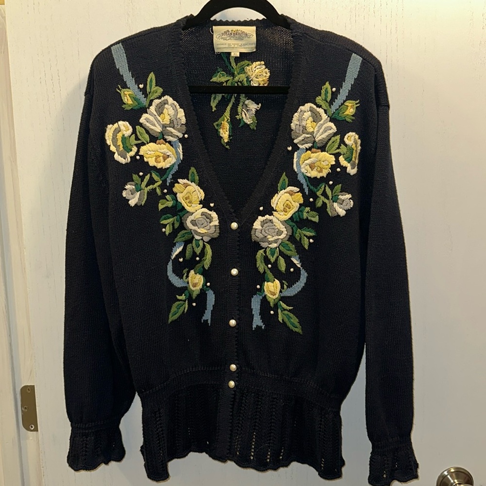 Susan Bristol Navy Cardigan with Yellow and White Rose Embroidery